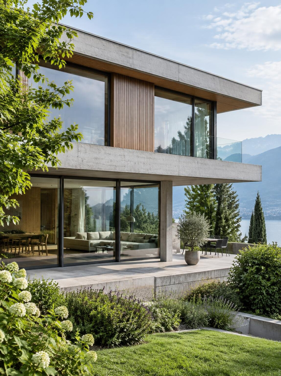 Detail of a modernist villa facade with large glass windows and greenery