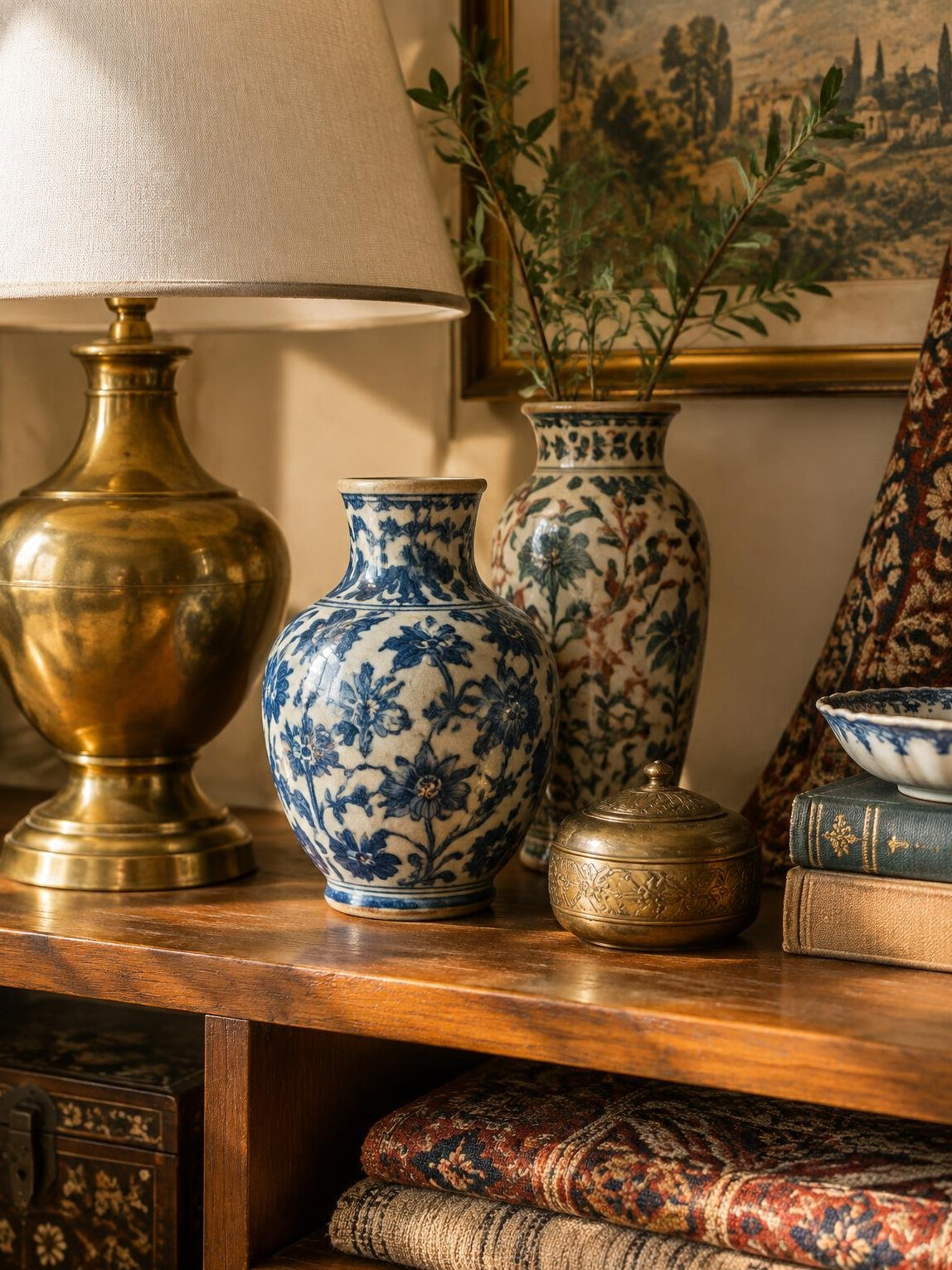 Close-up of vintage decorative objects and a brass lamp on a wooden shelf